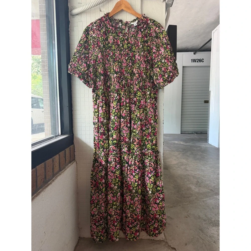 Crown & Ivy Floral Smocked Tiered Maxi Dress Pink Green Cotton Short Sleeve XXL - Picture 2 of 9